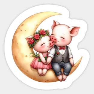 Valentine Pig Couple on Moon Sticker